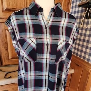 Express Plaid (White, Black, Light Blue) cap sleeves, Size M (NWT)